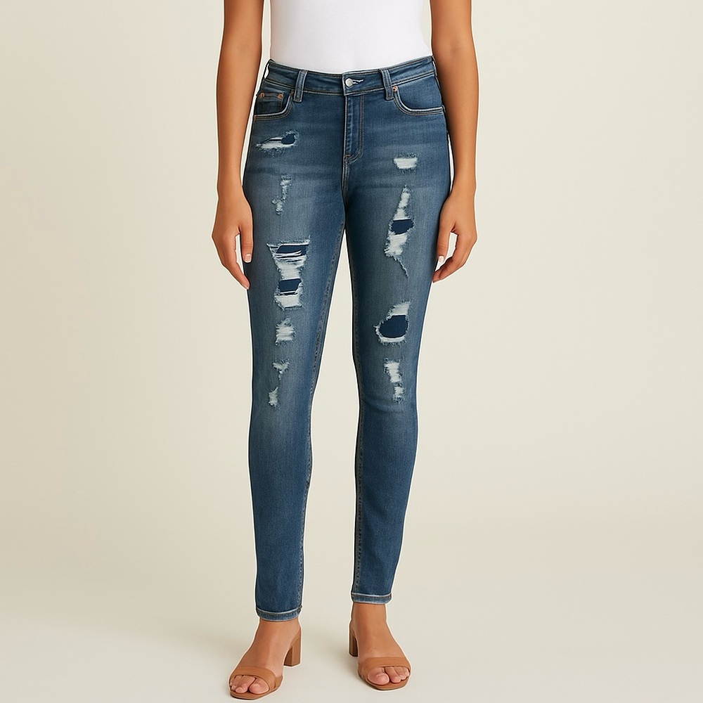 Rue21 Blue Distressed Skinny Jeggings Mid Rise Stretch Jeans Womens 11/12R
